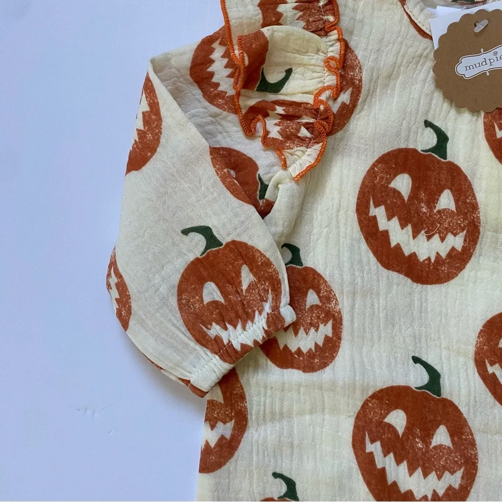 Mud Pie Halloween Outfit 6 9 Months NWT Pumpkins Baby Girl’s Orange Ivory New